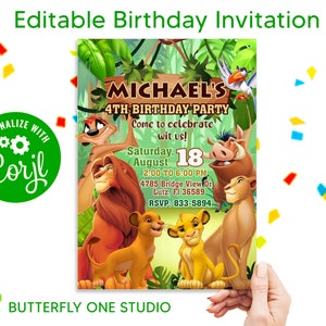 Kinder Geburtstagseinladung, König Geburtstagsparty Einladung, Safari Löwe Dschungel Thema einladen, digitale einladen, Party druckbar, bearbeitbar