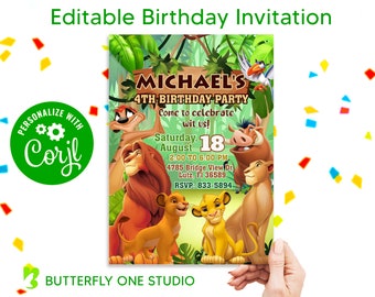 Kids  Birthday Invitation, King Birthday Party Invitation, Safari Lion Jungle Theme Invite, Digital Invite, Party Printable, Editable