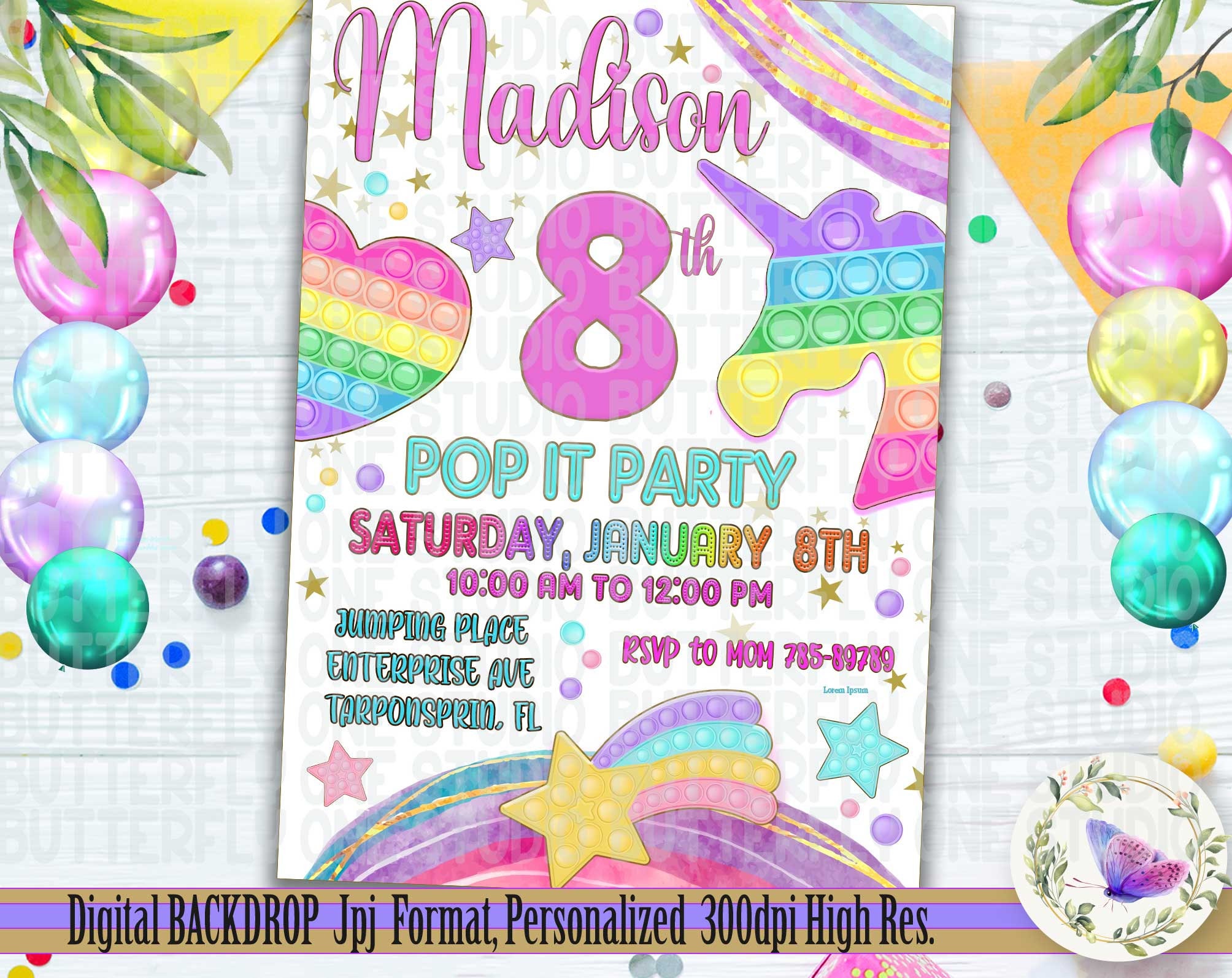 Pop It Bubble Fidget Toy  Invitation Pop it Fidget Birthday Party Personalized Invitation Digital File Jpg Unicorn Rainbow Ice cream