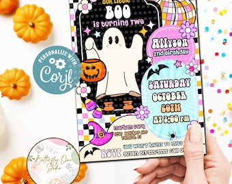 May include: A Halloween-themed invitation featuring a cartoon ghost holding a jack-o'-lantern. The invitation includes the text "Our Little Boo is turning two," along with event details. The design incorporates a retro color palette and floral accents.
