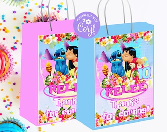 Plantilla editable de bolsa de regalo de fiesta, etiquetas de bolsa de regalo de cumpleaños de Lilo y Stitch, bolsa de regalo de cumpleaños de Lilo y Stitch, decoraciones de etiquetas de bolsa de regalo de fiesta
