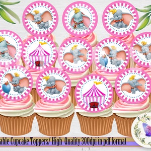 Printable Dumbo the Elephant Cupcake Topper, Dumbo Circus Cupcake Topper, Dumbo Circus Theme Party Supplies, Instant Download