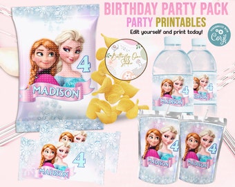 Plantilla EDITABLE de fiesta de cumpleaños congelada, kit temático de cumpleaños de fiesta congelada, descarga instantánea, kit de cumpleaños congelado, bolsa de chip de etiquetas de agua Hershey