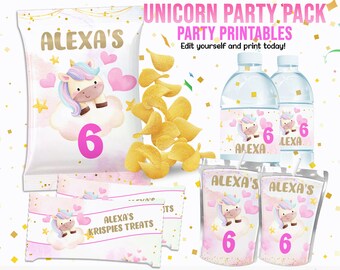 May include: Printable party pack with a unicorn theme. Includes a chip bag, water bottle labels, juice box labels, and a Krispies treat bag. All labels feature a cute unicorn with a pink heart and the name "Alexa" and the number "6".