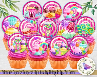 Printable Candyland Party Cupcakes  Toppers, Candyland Party Cupcakes Topper, Candyland Cupcake Toppers Party Supplies, Candyland Toppers