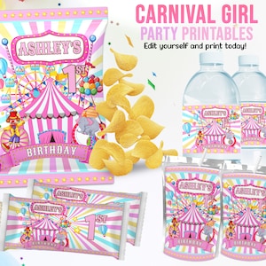 May include: Printable party decorations for a first birthday with a carnival theme. The design features a pink and white striped tent, a Ferris wheel, a clown, and an elephant. The text "Ashley's 1st Birthday" is included.