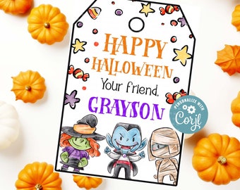 Étiquettes modifiables de remerciement de costume d&#39;Halloween, étiquettes d&#39;anniversaire fantasmagoriques d&#39;Halloween, étiquettes de remerciement pour la fête d&#39;enfants d&#39;Halloween