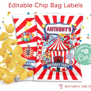 EDITABLE Carnival Circus Chip Bag Labels, Birthday Party Chip Bag Template, Carnival Chip Bags, Instant Download Editable Template