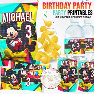 EDITABLE Mickey Party Template, Mickey Party Birthday Theme Kit,Instant Download  Mickey Birthday Party  Kit, Hershey water Labels Chip Bag