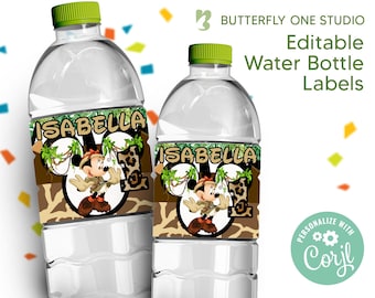 Etiqueta de agua EDITABLE Minnie Safari, etiquetas de agua de fiesta de cumpleaños, etiquetas de agua de Minnie Safari, plantilla editable de descarga instantánea