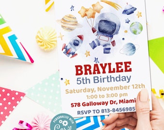 May include: A blue and white astronaut illustration with a rocket, stars, and planets. The text reads "Braylee 5th Birthday, Saturday, November 12th, 1:00 to 3:00 pm, 578 Galloway Dr, Miami, RSVP to 813-8456985".