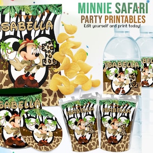 EDITABLE Birthday Party Template, Minnie Mouse Safari Birthday Theme Kit, Instant Download Birthday Party Kit, Minnie Water Labels Chip Bags
