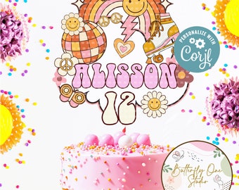 EDITABLE Groovy Skate Cake Topper Birthday Girl Party, Groovy Party cake Topper, Retro Groovy Birthday,  Digital File, Groovy Birthday Girl