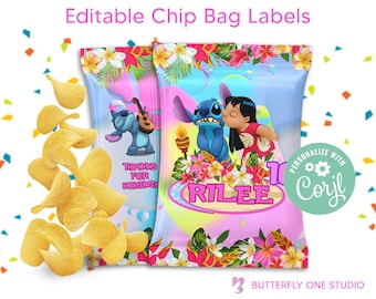 EDITABLE Lilo & Stitch Chip Bag, Lilo and Stitch DIY Birthday Chip Bag Labels, Custom Party Chip Bags, Lilo and Stitch Party Theme