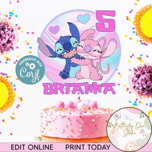 Decorazione per torta Stitch e Angelo MODIFICABILE, Decorazione per festa Stitch e Angelo, Decorazione per torta modificabile in formato JPG, file PDF, Decorazione per torta Stitch e Angelo stampabile