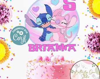 BEWERKBARE Stitch & Angel-taarttopper, Stitch and Angel-feestdecor, bewerkbare caketopper JPG, pdf-bestand, afdrukbare Stitch en Angel-taarttopper