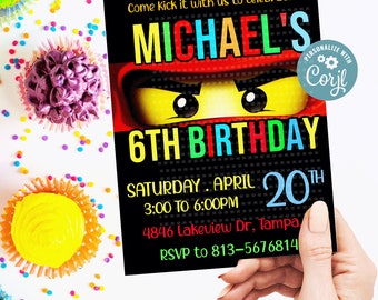 May include: A black and colorful birthday invitation with a Lego ninja character. The invitation says "Calling all ninjas!" and "Michael's 6th Birthday". The date is Saturday, April 20th, and the time is 3:00 to 6:00 PM. The address is 4846 Lakeview Dr, Tampa, and the RSVP number is 813-5676814.