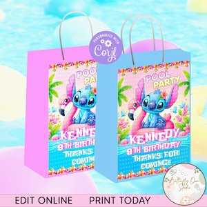 Bearbeitbare Party Geschenktüte Vorlage, Stitch Pool Geburtstagsparty Geschenktüte Etiketten, Pool Party Stitch Geburtstag Geschenktüte Etikett, digitale Datei