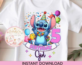 Könnte beinhalten: Weißes T-Shirt mit einer blauen Cartoon-Figur mit Partyhut und Blumenschmuck. Das Design beinhaltet die Zahl 5, Luftballons, Konfetti und die Worte "Birthday Girl". Der Text "Instant Download" befindet sich unten.