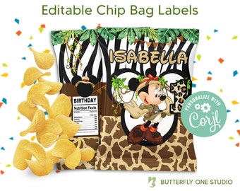 EDITABLE Chip Bags Minnie Safari, Birthday Party Chip Bags, Minnie Safari Chip Bags, Instant Download Editable Template