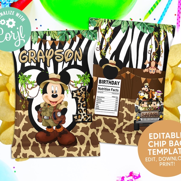 EDITABLE Chip Bags Mickey Safari, Birthday Party Chip Bags, Mickey Safari Chip Bags, Instant Download Editable Template