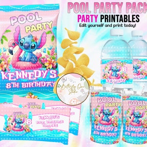 EDITIERBARE Stitch Pool Party Vorlage, Stitch Birthday Girl Pool Theme Kit, Sofortiger Download, Stitch Pool Party, Rice Krispies, Chip-Beutel, Wasser