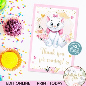Cartão de agradecimento editável de Marie Aristocats, aniversário de Marie, cartão de agradecimento de festa de aniversário de Marie, festa de aniversário de menina, imprimíveis