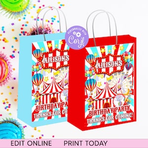 子供向け編集可能なサーカスギフトバッグラベル、誕生日ギフトバッグテンプレート、サーカスギフトバッグラベル、すぐにダウンロードできる編集可能なテンプレート