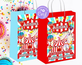 Kids Editable Circus Gift Bag Labels, Birthday Gift Bag Template, Circusl Gift Bags Labels, Instant Download Editable Template
