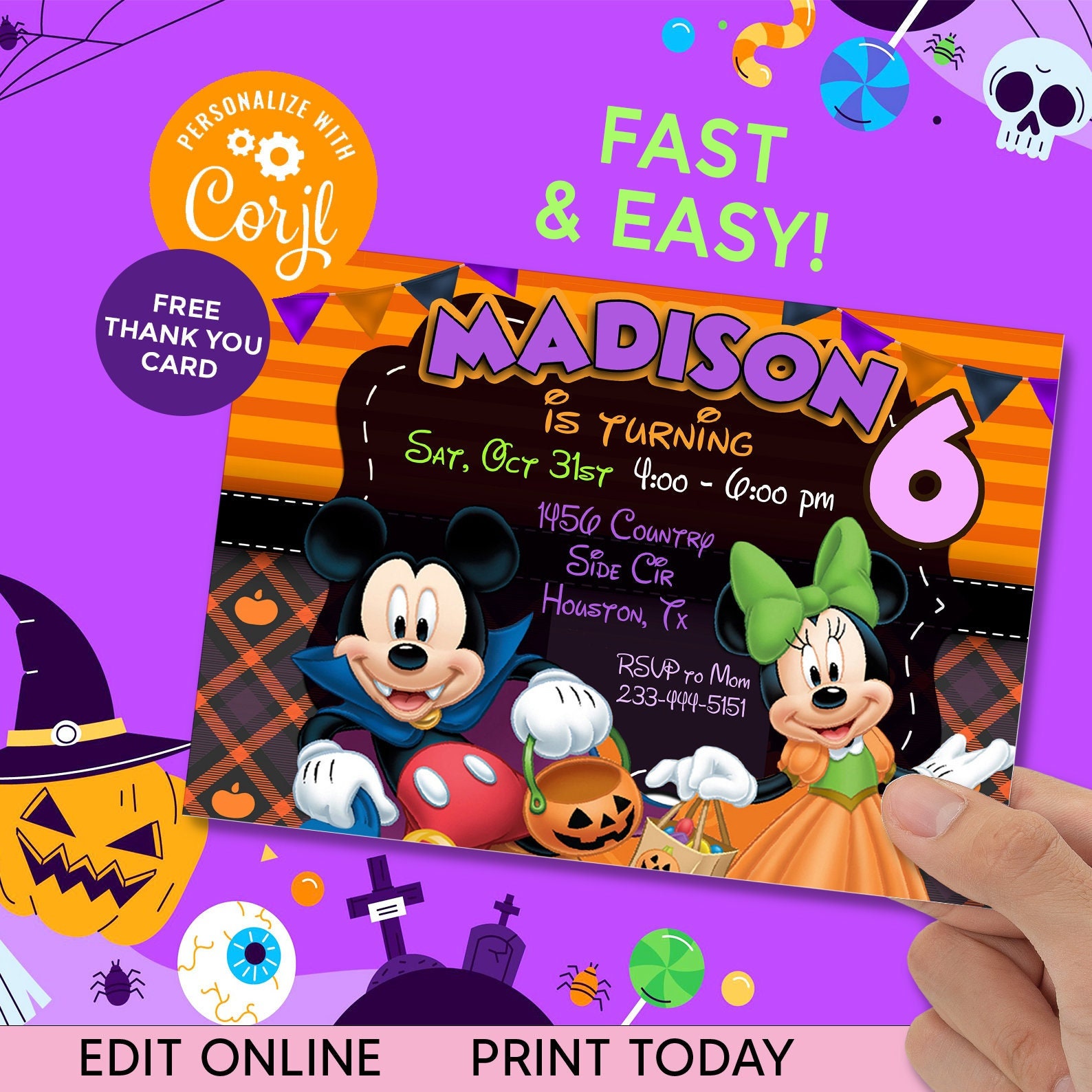 Mickey and Minnie Halloween Invitation Mickey Halloween Etsy