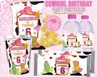 BEWERKBARE Kids Birthday Party Template, Cowgirl Verjaardag Thema Kit, Instant Download Birthday Party Kit, Cowgirl Water Labels Chip Bags