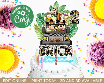 Topper de pastel de cumpleaños de Mickey Safari EDITABLE, fiesta de cumpleaños de Mickey Safari Car personalizada, toppers de pastel imprimibles de fiesta de animales salvajes de Safari