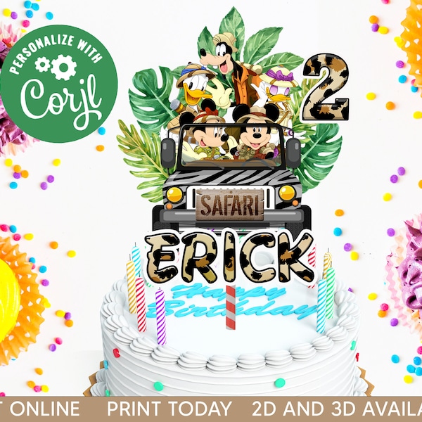 EDITABLE Mickey Safari Birthday Cake Topper, Mickey Safari Car Birthday Party Personalized, Safari Wild Animal Party Printable Cake Toppers