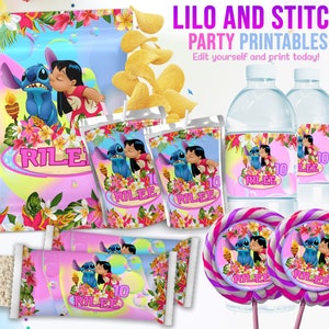BEWERKBARE Lilo en Stitch Party Gunsten, Lilo & Stitch Party Kit, Lilo Stitch Verjaardag Set, Party Decorations Instant Download, Aangepast thema