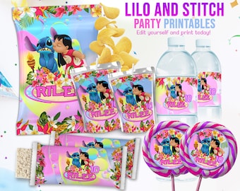 EDITABLE Lilo y Stitch Party Favors, Lilo & Stitch Party Kit, Lilo Stitch Birthday Set, Party Decorations Instant Download, Custom Theme