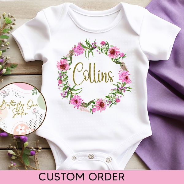 PNG Floral Baby Name Personalized Baby Bodysuit, PNG  Digital Download, Png Baby Girl Design, Png Baby Clothes, Customized Baby Clothes, PNG