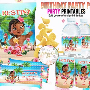 EDITIERBARE Baby Moana Party Vorlage, Baby Moana Geburtstag Mädchen Thema Kit, Sofortiger Download, Baby Moana, Rice Krispies, Chip Tasche, Wasseretiketten