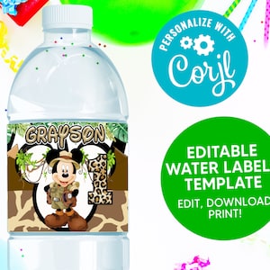 Étiquette d’eau MODIFIABLE Mickey Safari, Étiquettes d’eau de fête d’anniversaire, Étiquettes d’eau Mickey Safari, Modèle modifiable à téléchargement instantané