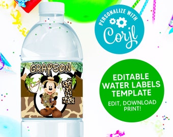 Etiqueta de agua EDITABLE Mickey Safari, Etiquetas de agua de fiesta de cumpleaños, Etiquetas de agua de Mickey Safari, Plantilla editable de descarga instantánea