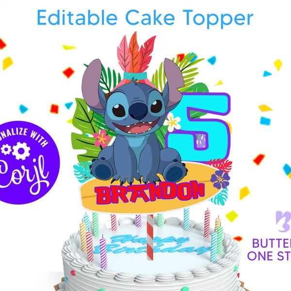 Topper per torta Stitch MODIFICABILE Topper per torta Stitch stampabile Festa di compleanno Topper per torta Stitch personalizzato Topper per torta di compleanno stampabile Download immediato