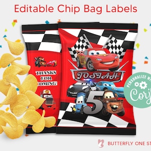 Cars Movie Pixar Chip Bags Cars Lightning Party Decorations Birthday Party Printables Party Chip Bag Labels Cars Theme EDITABLE Instant