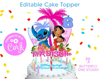 Editable Lilo y Stitch Cake Topper imprimible Lilo y Stitch fiesta de cumpleaños Stitch fiesta decoración fiesta imprimible archivo Stitch Cake Topper