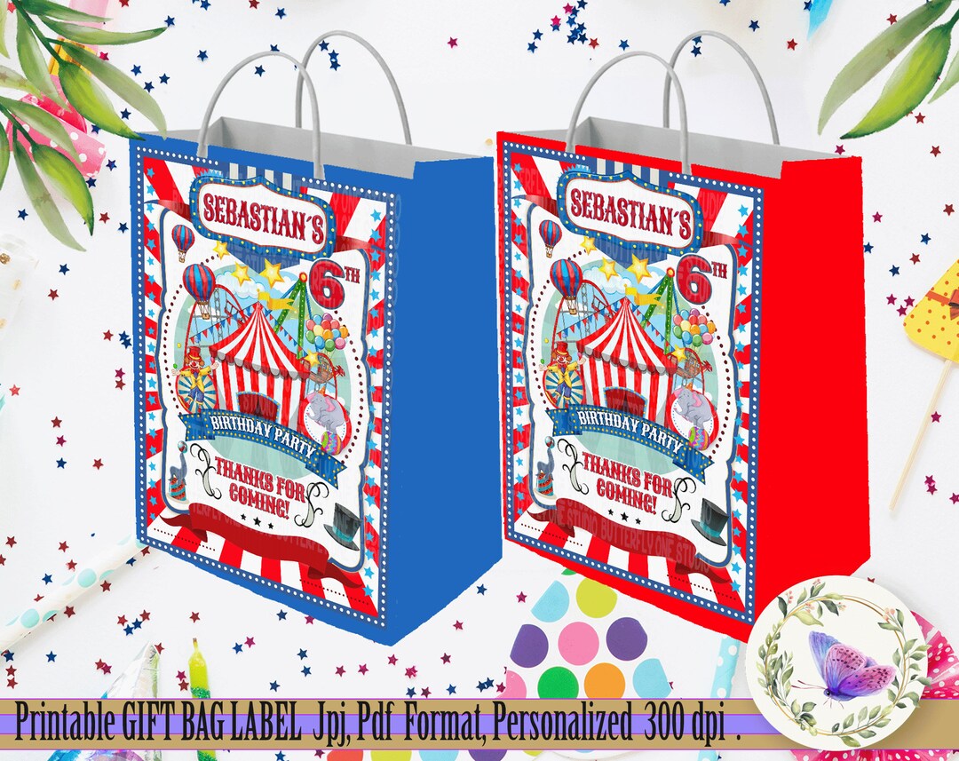 Circus Gift Bag Labels, Digital File Jpg Printable Gift Bag, Circus