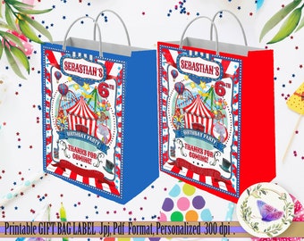 Circus Gift Bag Labels,  Digital File Jpg  Printable  Gift Bag, Circus  Gift Bag Personalized Labels, Gift Bag Labels Circus Birthday  Party