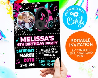 Musical Birthday Girl Invitation, Kitty Birthday Party Chalkboard Invitation, Musical Party Theme Kitty Invite, Musical Digital Invitation