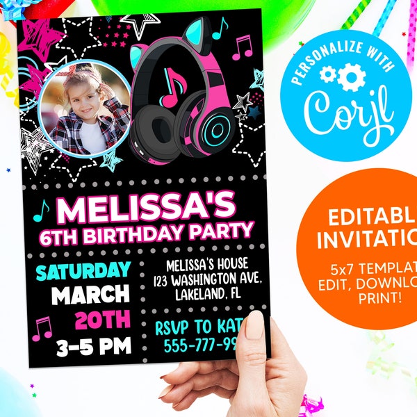 Musical Birthday Girl Invitation, Kitty Birthday Party Chalkboard Invitation, Musical Party Theme Kitty Invite, Musical Digital Invitation