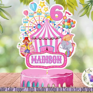 Gâteau de cirque imprimable, fille d&#39;anniversaire de cirque, décor de fête d&#39;anniversaire rose de cirque, thème de fête de cirque, gâteau numérique, décor de fête