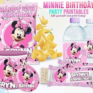 EDITABLE Kids Birthday Party Template, Minnie Mouse Birthday Theme Kit, Instant Download Birthday Party Kit, Minnie Water Labels Chip Bags