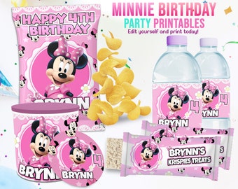 EDITABLE Kids Birthday Party Template, Minnie Mouse Birthday Theme Kit, Instant Download Birthday Party Kit, Minnie Water Labels Chip Bags