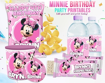 BEWERKBARE Kids Birthday Party Template, Minnie Mouse Birthday Theme Kit, Instant Download Birthday Party Kit, Minnie Water Labels Chip Bags